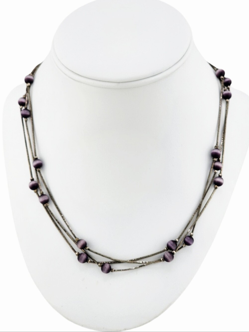 AVENUE Purple Beaded Triple Strand Silver Tone Necklace